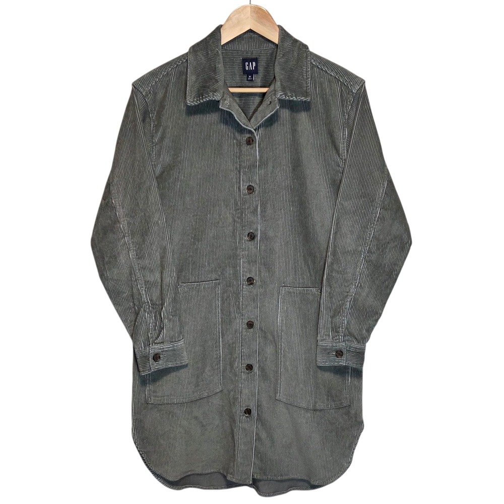 Gap Womens‎ Corduroy Shirt Dress Oversized Gray Green XS Soft Longline Pockets